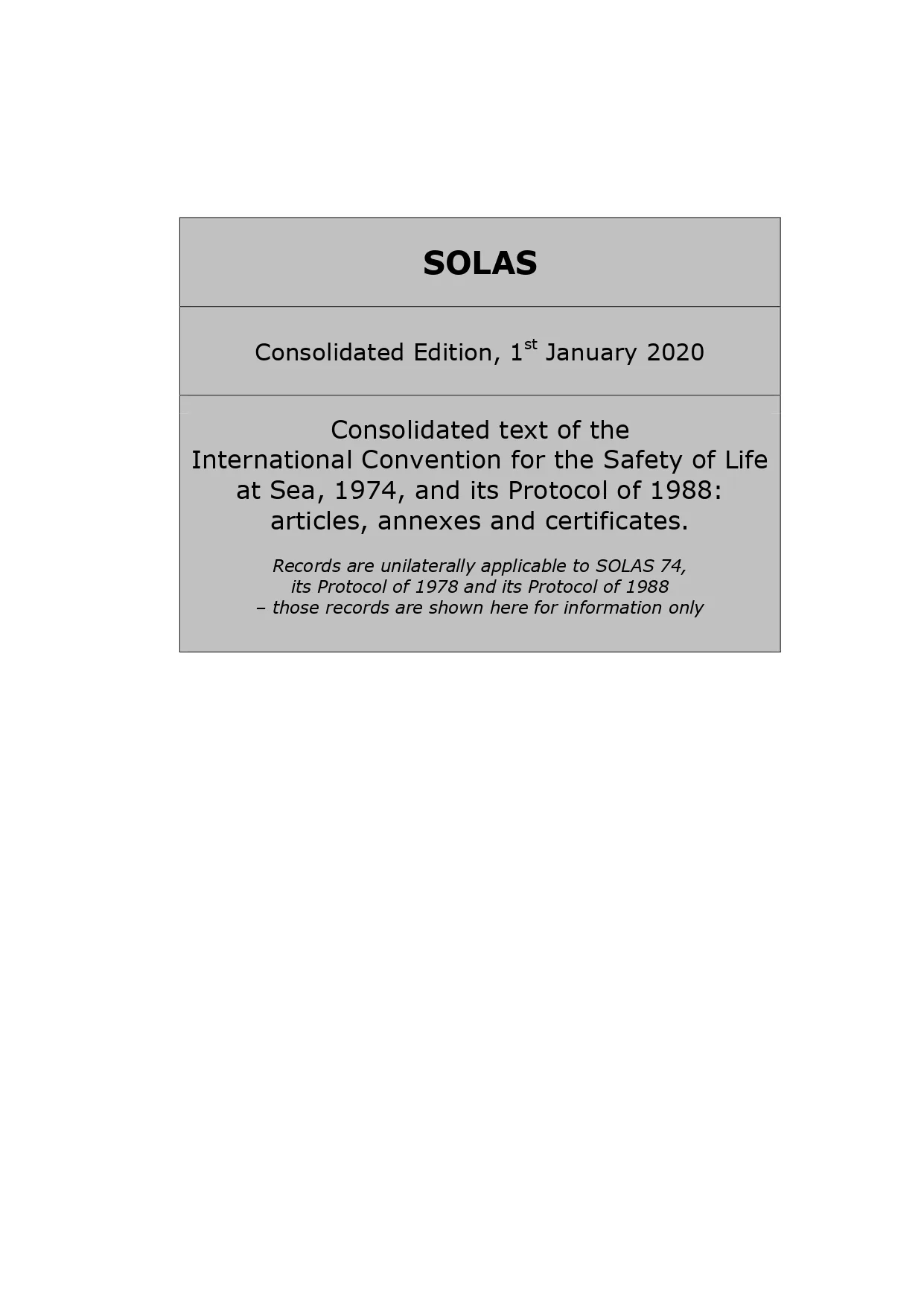 SOLAS Consolidated Edition, 1st January 2020